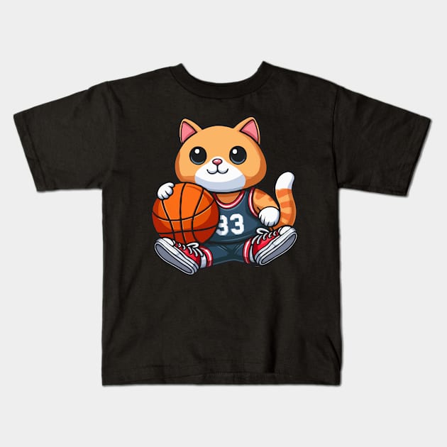 Cat With Basketball Kids T-Shirt by MoDesigns22 